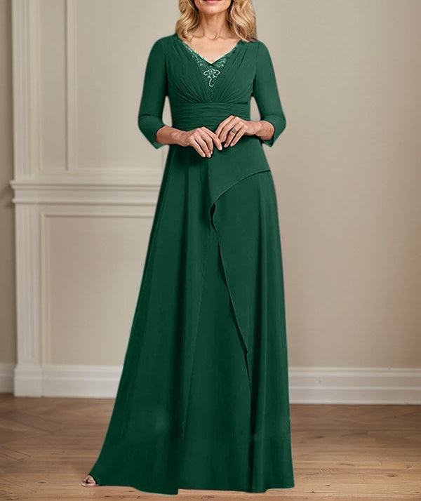 A-line V-Neck Floor-Length Chiffon Mother of the Bride Dress With Pleated Beading