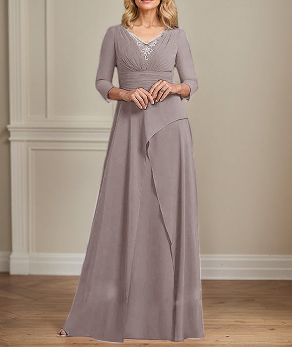 A-line V-Neck Floor-Length Chiffon Mother of the Bride Dress With Pleated Beading