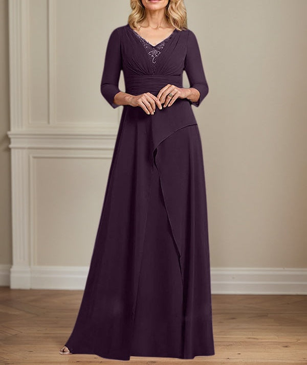 A-line V-Neck Floor-Length Chiffon Mother of the Bride Dress With Pleated Beading