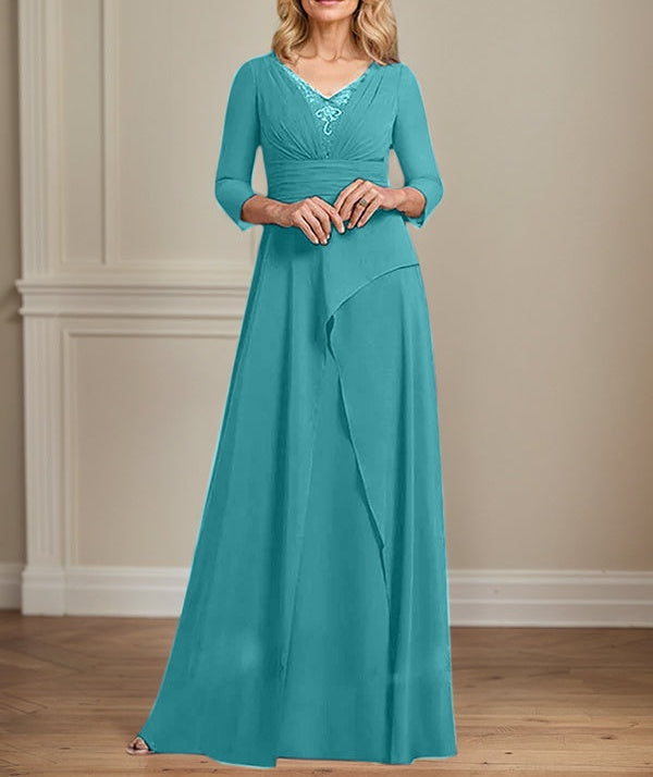 A-line V-Neck Floor-Length Chiffon Mother of the Bride Dress With Pleated Beading