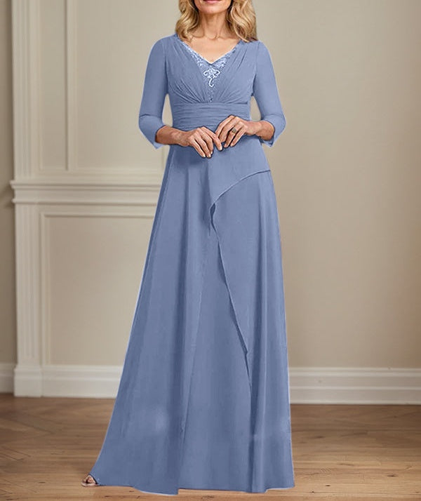 A-line V-Neck Floor-Length Chiffon Mother of the Bride Dress With Pleated Beading