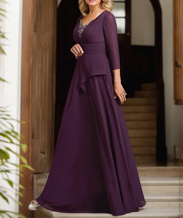 A-line V-Neck Floor-Length Chiffon Mother of the Bride Dress With Pleated Beading