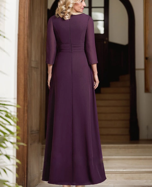A-line V-Neck Floor-Length Chiffon Mother of the Bride Dress With Pleated Beading