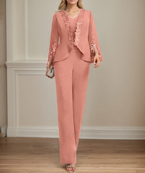 Separates Jumpsuit/Pantsuit V-Neck Floor-Length Chiffon Mother of the Bride Dress