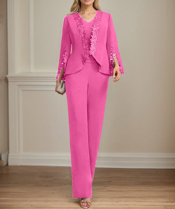 Separates Jumpsuit/Pantsuit V-Neck Floor-Length Chiffon Mother of the Bride Dress
