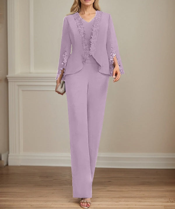 Separates Jumpsuit/Pantsuit V-Neck Floor-Length Chiffon Mother of the Bride Dress