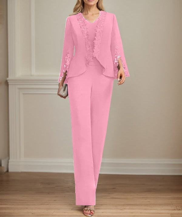 Separates Jumpsuit/Pantsuit V-Neck Floor-Length Chiffon Mother of the Bride Dress