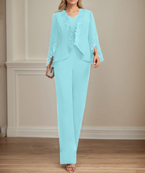 Separates Jumpsuit/Pantsuit V-Neck Floor-Length Chiffon Mother of the Bride Dress