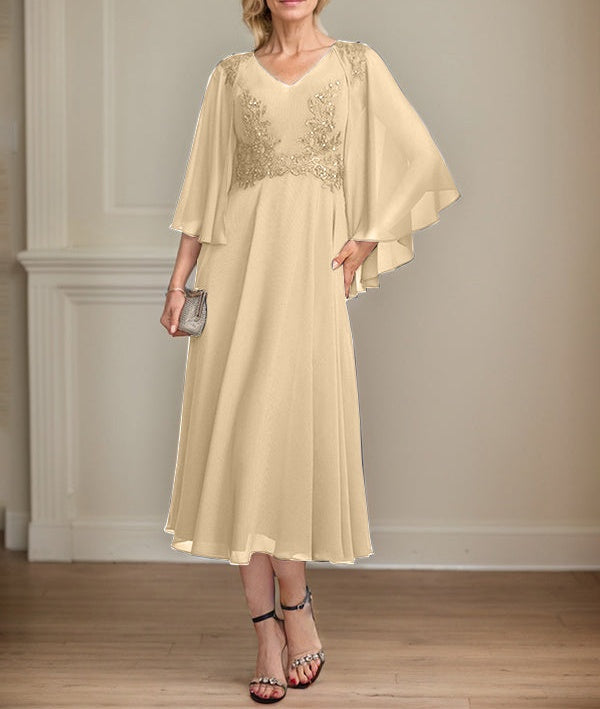 A-line V-Neck Tea-Length Chiffon Lace Mother of the Bride Dress With Beading Sequins