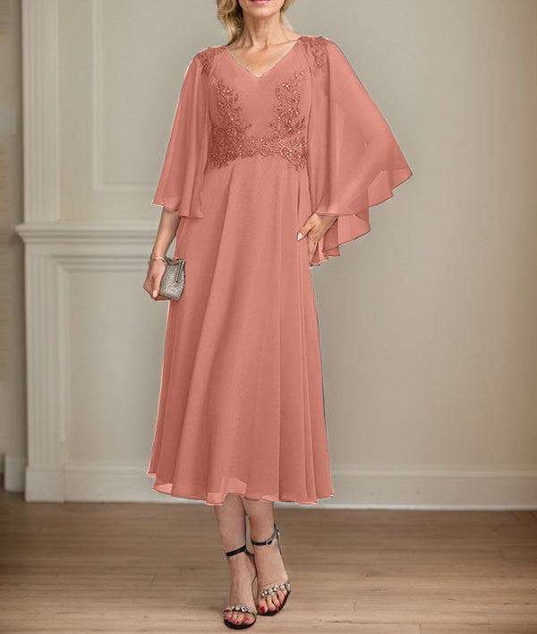 A-line V-Neck Tea-Length Chiffon Lace Mother of the Bride Dress With Beading Sequins