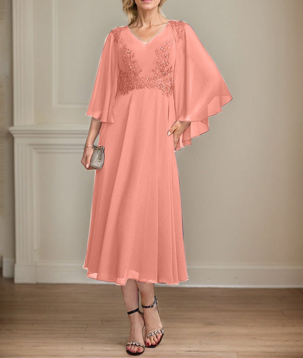 A-line V-Neck Tea-Length Chiffon Lace Mother of the Bride Dress With Beading Sequins