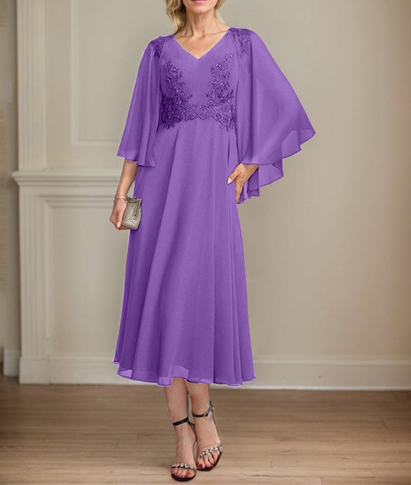 A-line V-Neck Tea-Length Chiffon Lace Mother of the Bride Dress With Beading Sequins
