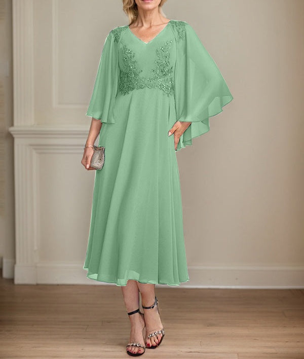 A-line V-Neck Tea-Length Chiffon Lace Mother of the Bride Dress With Beading Sequins