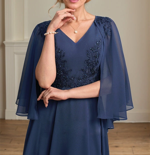 A-line V-Neck Tea-Length Chiffon Lace Mother of the Bride Dress With Beading Sequins