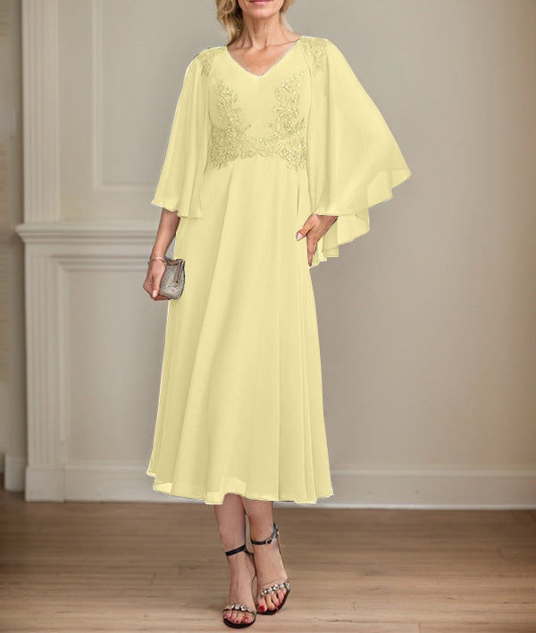 A-line V-Neck Tea-Length Chiffon Lace Mother of the Bride Dress With Beading Sequins
