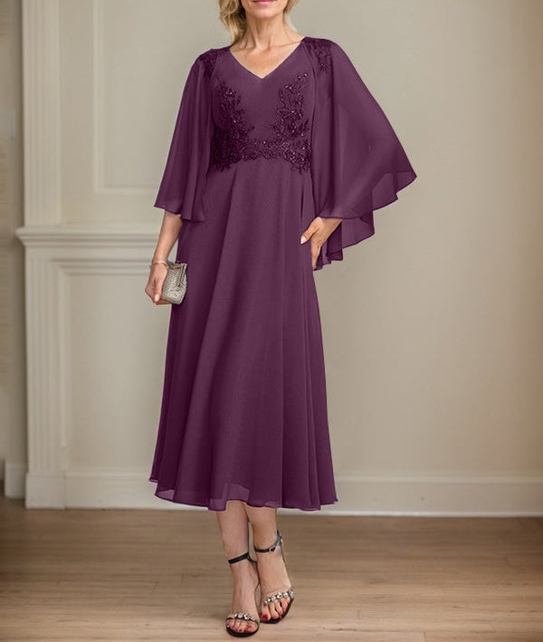 A-line V-Neck Tea-Length Chiffon Lace Mother of the Bride Dress With Beading Sequins