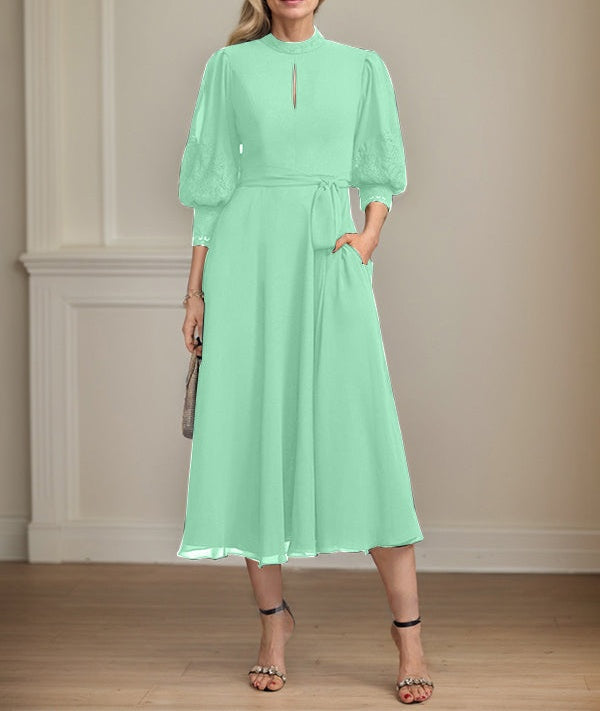 A-line High Neck Tea-Length Lace Chiffon Mother of the Bride Dress With Bow
