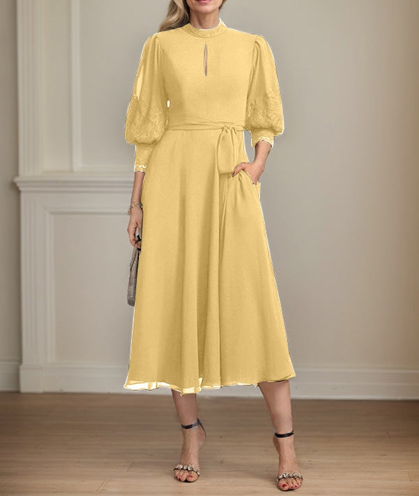 A-line High Neck Tea-Length Lace Chiffon Mother of the Bride Dress With Bow