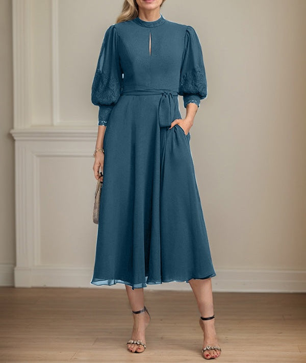 A-line High Neck Tea-Length Lace Chiffon Mother of the Bride Dress With Bow