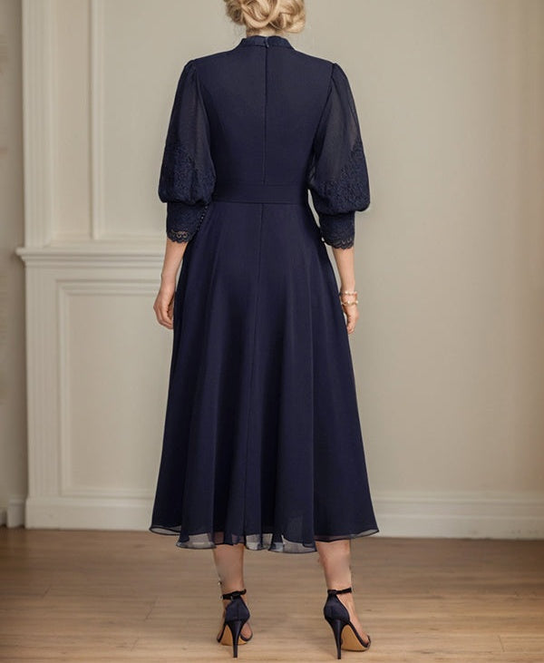 A-line High Neck Tea-Length Lace Chiffon Mother of the Bride Dress With Bow