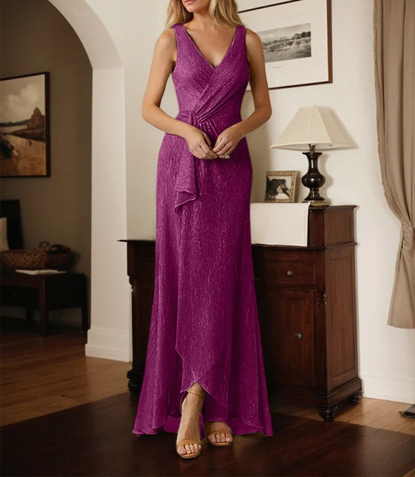 A-Line V-Neck Ruched Metallic Mesh Dress