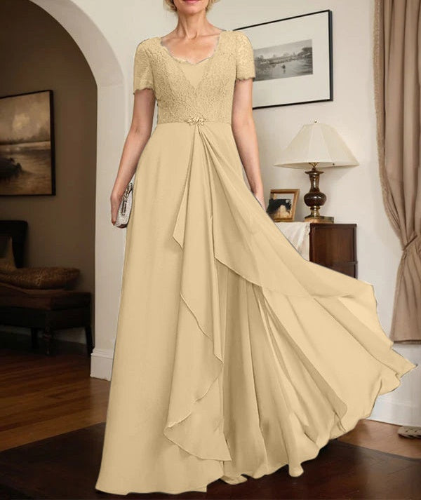 A-line Sweetheart Floor-Length Chiffon Lace Mother of the Bride Dress With Beading Cascading Ruffles