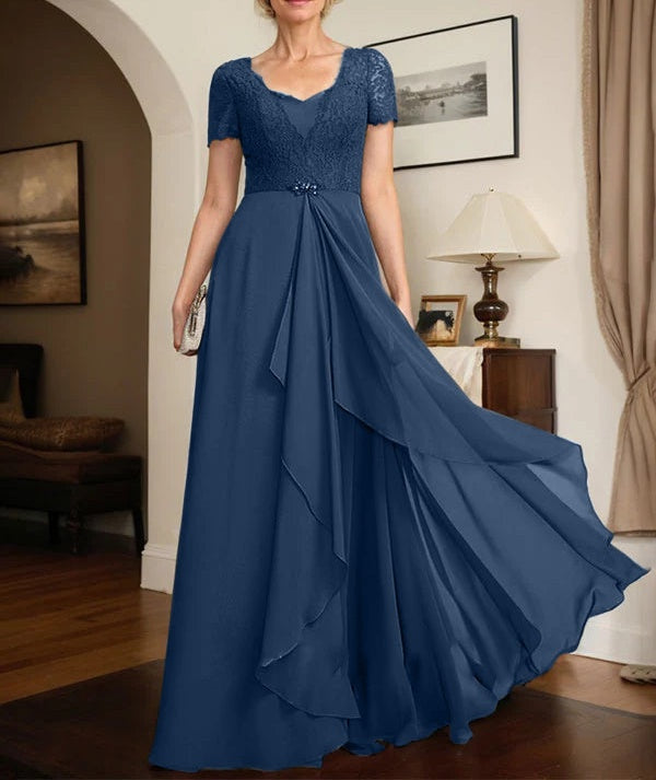 A-line Sweetheart Floor-Length Chiffon Lace Mother of the Bride Dress With Beading Cascading Ruffles