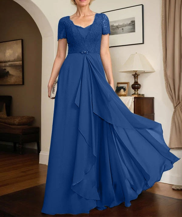 A-line Sweetheart Floor-Length Chiffon Lace Mother of the Bride Dress With Beading Cascading Ruffles