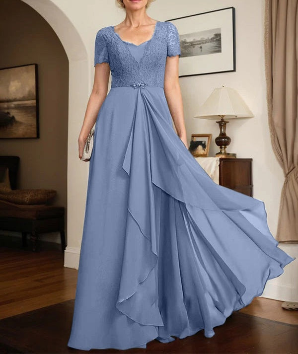 A-line Sweetheart Floor-Length Chiffon Lace Mother of the Bride Dress With Beading Cascading Ruffles