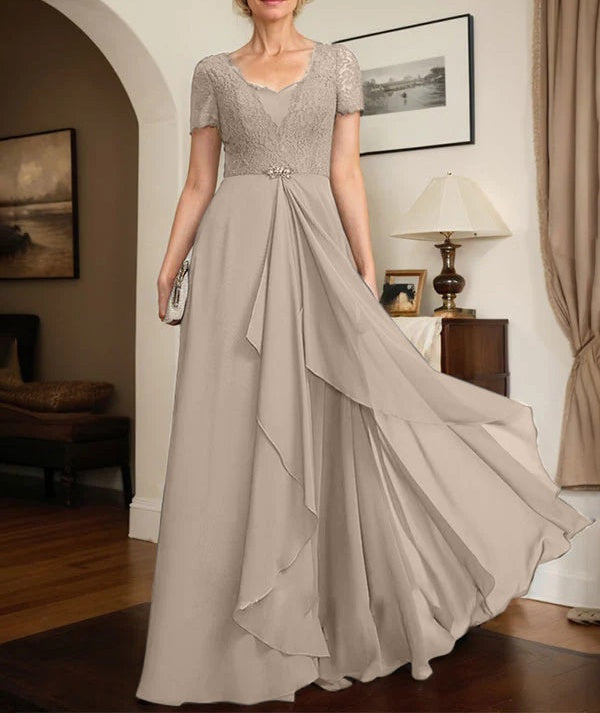 A-line Sweetheart Floor-Length Chiffon Lace Mother of the Bride Dress With Beading Cascading Ruffles