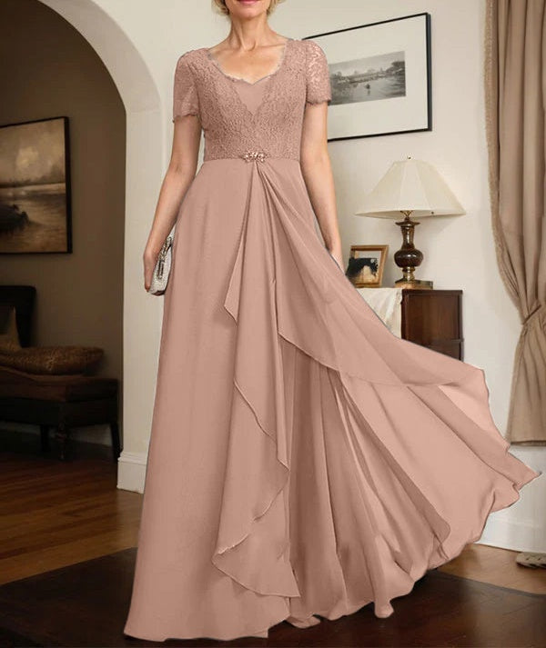 A-line Sweetheart Floor-Length Chiffon Lace Mother of the Bride Dress With Beading Cascading Ruffles