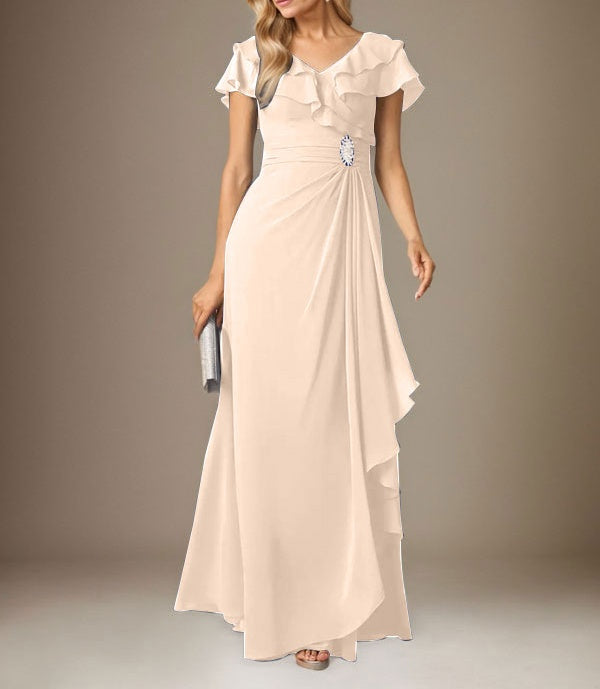 Stormy A-Line V-Neck Ruched Chiffon Dress