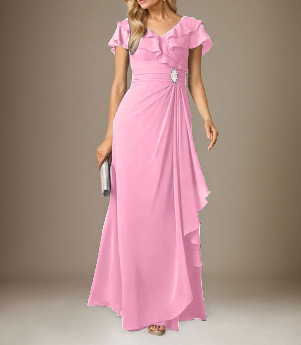 Stormy A-Line V-Neck Ruched Chiffon Dress