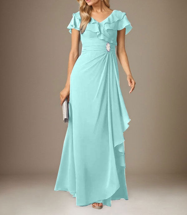 Stormy A-Line V-Neck Ruched Chiffon Dress