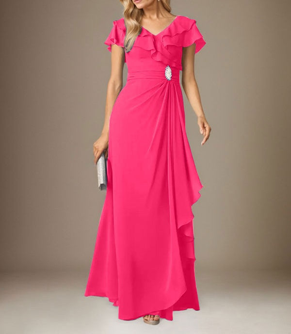 Stormy A-Line V-Neck Ruched Chiffon Dress
