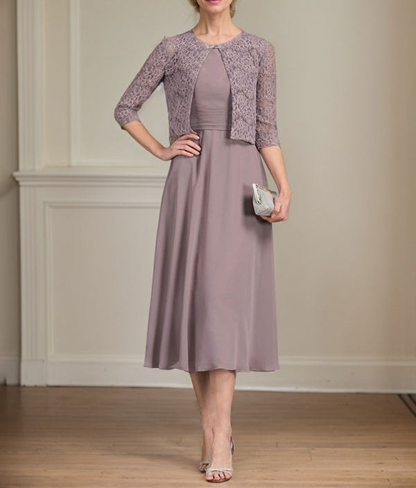 A-line Scoop Tea-Length Chiffon Mother of the Bride Dress With Pleated
