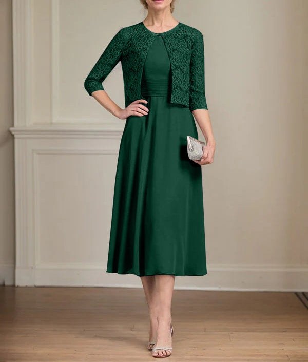 A-line Scoop Tea-Length Chiffon Mother of the Bride Dress With Pleated