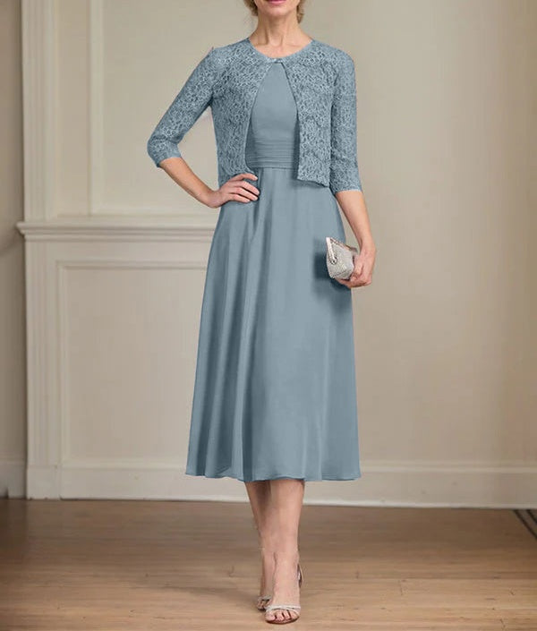 A-line Scoop Tea-Length Chiffon Mother of the Bride Dress With Pleated