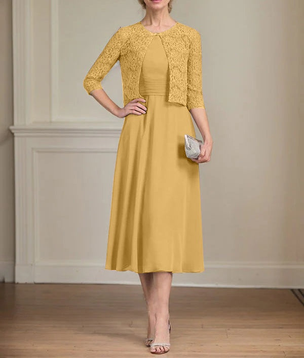 A-line Scoop Tea-Length Chiffon Mother of the Bride Dress With Pleated