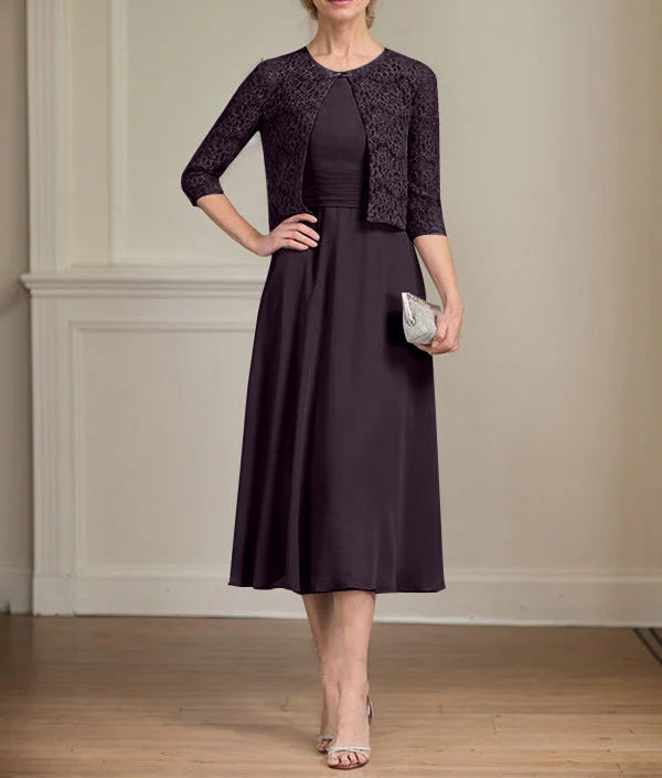 A-line Scoop Tea-Length Chiffon Mother of the Bride Dress With Pleated