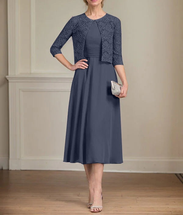 A-line Scoop Tea-Length Chiffon Mother of the Bride Dress With Pleated