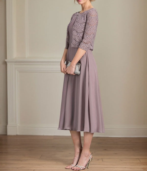 A-line Scoop Tea-Length Chiffon Mother of the Bride Dress With Pleated