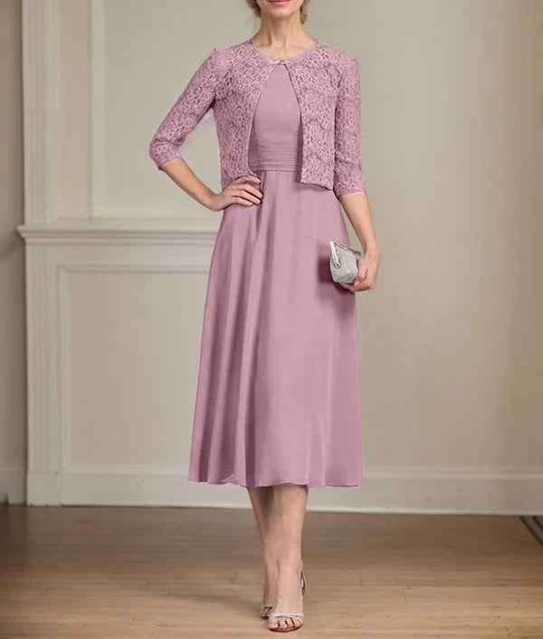 A-line Scoop Tea-Length Chiffon Mother of the Bride Dress With Pleated