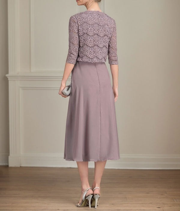 A-line Scoop Tea-Length Chiffon Mother of the Bride Dress With Pleated