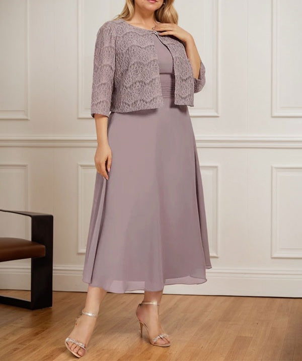 A-line Scoop Tea-Length Chiffon Mother of the Bride Dress With Pleated