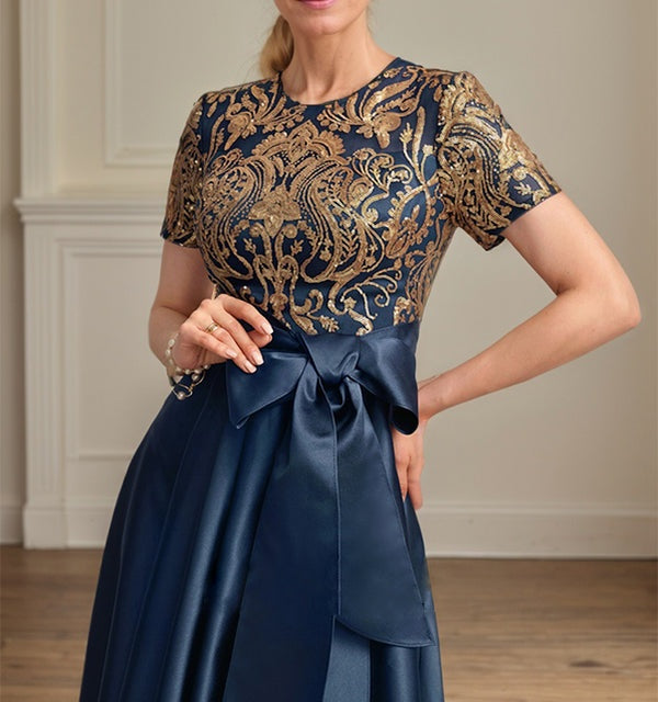 A-line Scoop Asymmetrical Satin Sequin Lace Mother of the Bride Dress With Bow