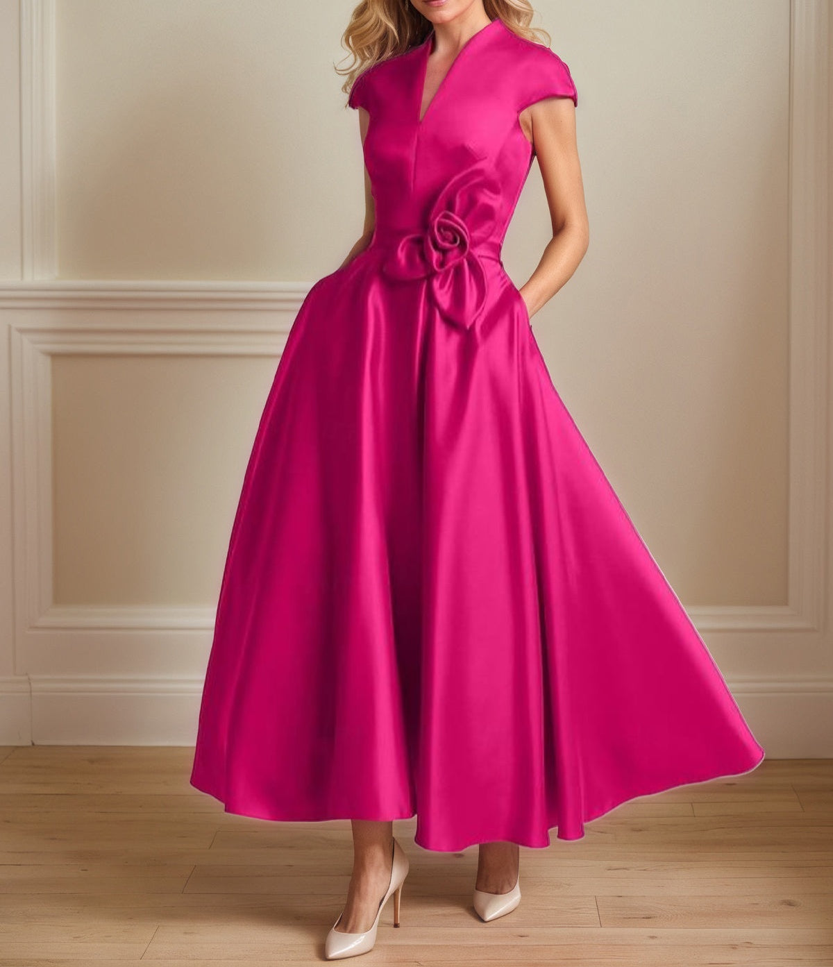 Hot Pink Satin A Line V Neck Short Sleeves Ankle Length Mother of the Bride Dresses