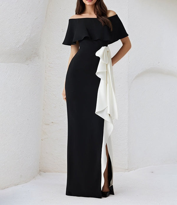 Sheath/Column Off The Shoulder Asymmetrical Length Dress With White Ruffles
