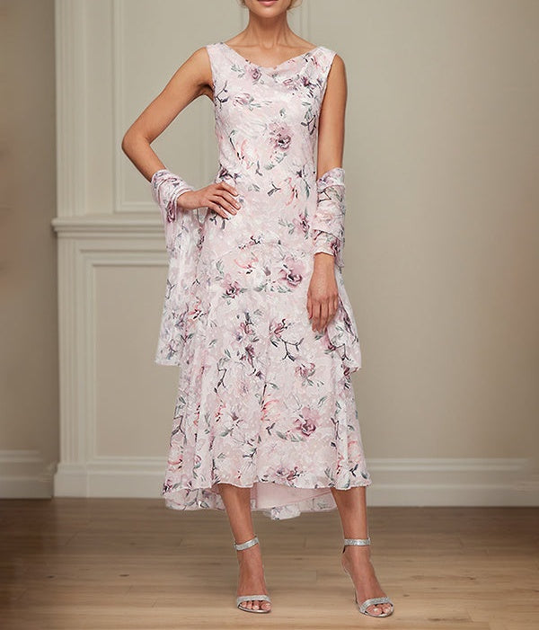 A-Line V-Neck V-Back Tea-Length Chiffon Mother of the Bride Dress