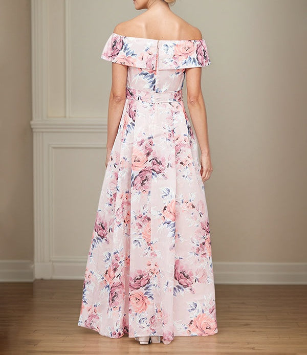 A-Line Off the Shoulder Bowknot Satin Floral Mother of the Bride Dress